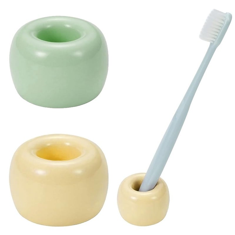HalfofLife Mini Ceramics Toothbrush Holder Stand for Bathroom Vanity Countertop, Handmade Couple Toothbrush Head Holder, Shaver Holder and Office Pen Holder, Yellow&Green, Pack of 2 - Image 1